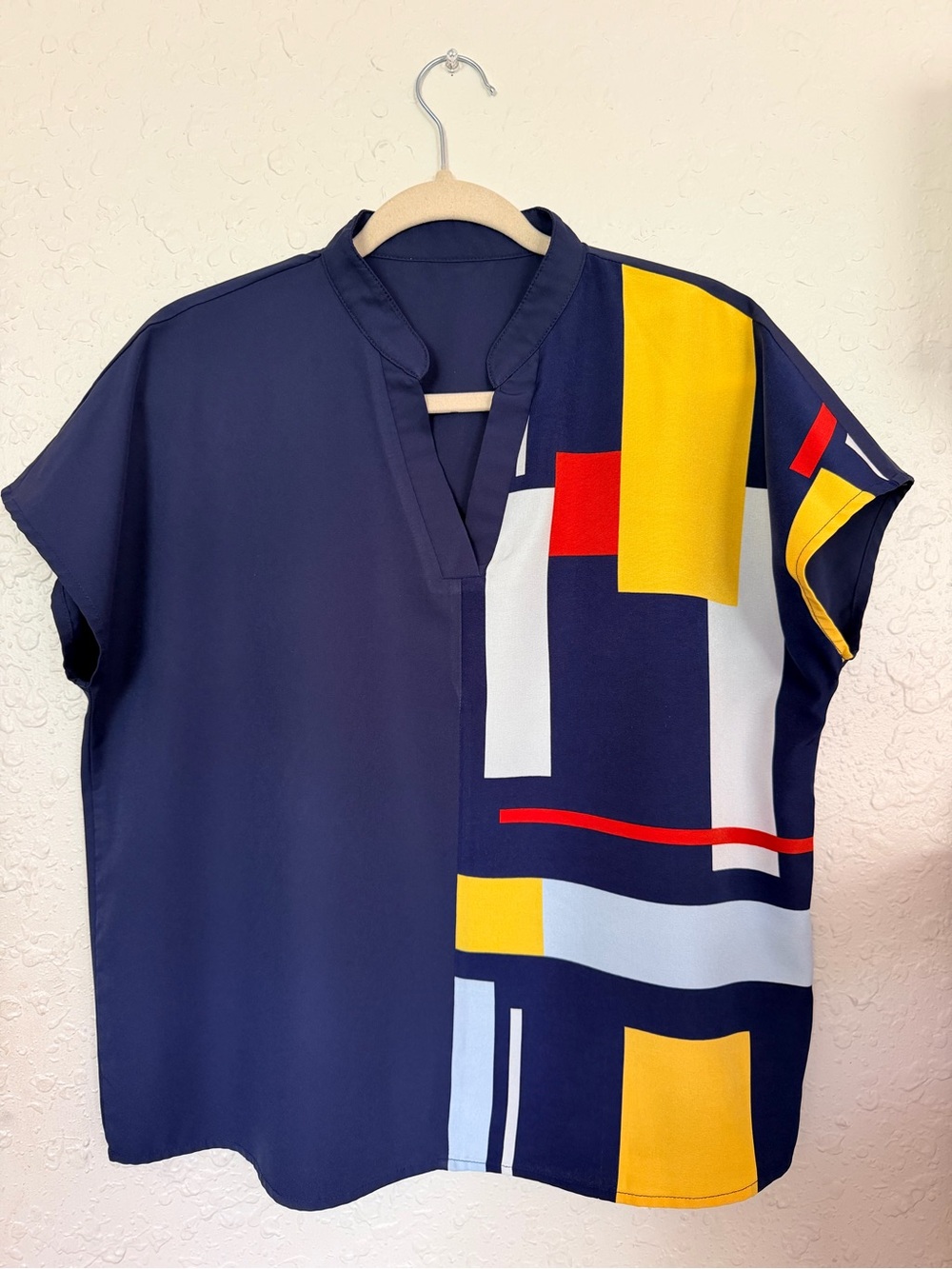 SHEIN Navy Geo-Block Short Sleeve Blouse with Yellow & Red Accents